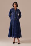 Buy_Indigo Dreams_Blue Cotton Embroidery Square Neck, Collared Jamdani Fit-flare Dress With Jacket _Online_at_Aza_Fashions