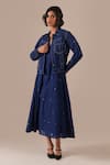 Shop_Indigo Dreams_Blue Cotton Embroidery Square Neck, Collared Jamdani Fit-flare Dress With Jacket _Online_at_Aza_Fashions