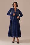 Buy_Indigo Dreams_Blue Cotton Embroidery Square Neck, Collared Jamdani Fit-flare Dress With Jacket _at_Aza_Fashions