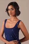 Buy_Indigo Dreams_Blue Cotton Embroidery Square Neck Jamdani Fit And Flare Midi Dress _Online_at_Aza_Fashions