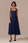Buy_Indigo Dreams_Blue Cotton Embroidery Square Neck Jamdani Fit And Flare Midi Dress _at_Aza_Fashions