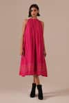 Indigo Dreams_Pink Cotton Halter Neck Handwoven Jamdani Gathered Dress _Online_at_Aza_Fashions