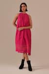 Buy_Indigo Dreams_Pink Cotton Halter Neck Handwoven Jamdani Gathered Dress _at_Aza_Fashions