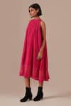 Buy_Indigo Dreams_Pink Cotton Halter Neck Handwoven Jamdani Gathered Dress _Online_at_Aza_Fashions