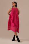 Shop_Indigo Dreams_Pink Cotton Halter Neck Handwoven Jamdani Gathered Dress _Online_at_Aza_Fashions