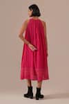 Shop_Indigo Dreams_Pink Cotton Halter Neck Handwoven Jamdani Gathered Dress _at_Aza_Fashions