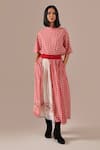 Indigo Dreams_Red Cotton Embroidery Round Neck Gingham Check Jamdani Top And Gathered Skirt Set _Online_at_Aza_Fashions