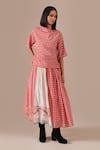 Shop_Indigo Dreams_Red Cotton Embroidery Round Neck Gingham Check Jamdani Top And Gathered Skirt Set _Online_at_Aza_Fashions