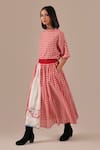 Indigo Dreams_Red Cotton Embroidery Round Neck Gingham Check Jamdani Top And Gathered Skirt Set _at_Aza_Fashions