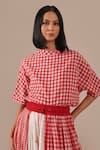 Shop_Indigo Dreams_Red Cotton Embroidery Round Neck Gingham Check Jamdani Top And Gathered Skirt Set 