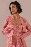 Indigo Dreams_Red Cotton Embroidery Gingham Handwoven Jamdani Bralette Dress And Jacket Set _at_Aza_Fashions