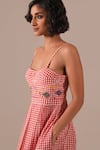 Shop_Indigo Dreams_Red Cotton Embroidery Sweetheart Neck Jamdani Gingham Bralette Dress _Online_at_Aza_Fashions