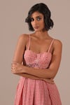 Indigo Dreams_Red Cotton Embroidery Sweetheart Neck Jamdani Gingham Bralette Dress _at_Aza_Fashions