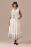 Buy_Indigo Dreams_Ivory Cotton Embroidery Square Neck, Jamdani Handwoven Dress And Waistcoat Set _at_Aza_Fashions