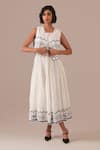 Indigo Dreams_Ivory Cotton Embroidery Square Neck, Jamdani Handwoven Dress And Waistcoat Set _Online_at_Aza_Fashions