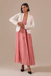 Buy_Indigo Dreams_Red Cotton Embroidery V-, Shawl Gingham Maxi Dress And Jamdani Jacket Set _at_Aza_Fashions