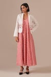 Buy_Indigo Dreams_Red Cotton Embroidery V-, Shawl Gingham Maxi Dress And Jamdani Jacket Set _Online_at_Aza_Fashions