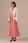 Shop_Indigo Dreams_Red Cotton Embroidery V-, Shawl Gingham Maxi Dress And Jamdani Jacket Set _Online_at_Aza_Fashions
