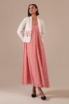 Indigo Dreams_Red Cotton Embroidery V-, Shawl Gingham Maxi Dress And Jamdani Jacket Set _at_Aza_Fashions