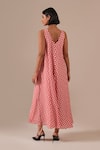 Shop_Indigo Dreams_Red Cotton V-neck Gingham Check Jamdani Maxi Dress _at_Aza_Fashions