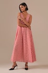 Indigo Dreams_Red Cotton V-neck Gingham Check Jamdani Maxi Dress _Online_at_Aza_Fashions