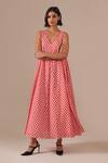 Shop_Indigo Dreams_Red Cotton V-neck Gingham Check Jamdani Maxi Dress _Online_at_Aza_Fashions