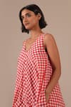 Indigo Dreams_Red Cotton V-neck Gingham Check Jamdani Maxi Dress _at_Aza_Fashions