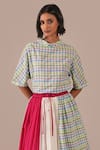 Indigo Dreams_Green Cotton Embroidery High Neck Handwoven Jamdani Gingham Top And Gathered Skirt _at_Aza_Fashions
