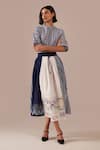 Indigo Dreams_Blue Cotton Embroidery High Neck Gingham And Jamdani Panel Skirt Set _Online_at_Aza_Fashions