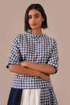Buy_Indigo Dreams_Blue Cotton Embroidery High Neck Gingham And Jamdani Panel Skirt Set 