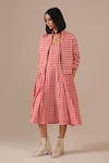 Shop_Indigo Dreams_Red Cotton Square Neck, Collared Gingham Check Dress With Jacket _Online_at_Aza_Fashions