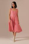 Buy_Indigo Dreams_Red Cotton Square Neck Gingham Check Jamdani Fit And Flare Dress _at_Aza_Fashions