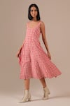 Shop_Indigo Dreams_Red Cotton Square Neck Gingham Check Jamdani Fit And Flare Dress _Online_at_Aza_Fashions