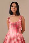 Indigo Dreams_Red Cotton Square Neck Gingham Check Jamdani Fit And Flare Dress _at_Aza_Fashions