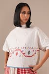Indigo Dreams_Ivory Cotton Embroidery High Neck Jamdani Quilted Top With Gingham Skirt _at_Aza_Fashions