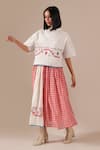 Shop_Indigo Dreams_Ivory Cotton Embroidery High Neck Jamdani Quilted Top With Gingham Skirt _at_Aza_Fashions