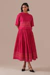 Buy_Indigo Dreams_Pink Cotton Embroidery High Neck Handwoven Jamdani Boxy Top And Gathered Skirt Set _Online_at_Aza_Fashions