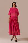 Buy_Indigo Dreams_Pink Cotton Embroidery High Neck Handwoven Jamdani Boxy Top And Gathered Skirt Set _at_Aza_Fashions