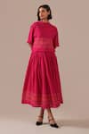 Shop_Indigo Dreams_Pink Cotton Embroidery High Neck Handwoven Jamdani Boxy Top And Gathered Skirt Set _Online_at_Aza_Fashions