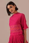 Buy_Indigo Dreams_Pink Cotton Embroidery High Neck Handwoven Jamdani Boxy Top And Gathered Skirt Set 