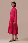 Indigo Dreams_Pink Cotton Collared, High Neck Handwoven Jamdani Tiered Shirt Dress _Online_at_Aza_Fashions