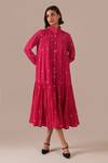 Buy_Indigo Dreams_Pink Cotton Collared, High Neck Handwoven Jamdani Tiered Shirt Dress _at_Aza_Fashions