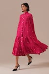 Shop_Indigo Dreams_Pink Cotton Collared, High Neck Handwoven Jamdani Tiered Shirt Dress _at_Aza_Fashions