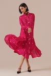 Buy_Indigo Dreams_Pink Cotton Collared, High Neck Handwoven Jamdani Tiered Shirt Dress _Online_at_Aza_Fashions