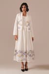 Buy_Indigo Dreams_Ivory Cotton Embroidery Square Neck, Handwoven Jamdani Midi Dress Jacket Set _Online_at_Aza_Fashions