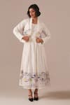Buy_Indigo Dreams_Ivory Cotton Embroidery Square Neck, Handwoven Jamdani Midi Dress Jacket Set _at_Aza_Fashions