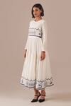 Indigo Dreams_Ivory Cotton Embroidery Round Neck Jamdani Geometric Pattern Tiered Midi Dress _Online_at_Aza_Fashions