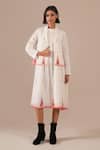 Buy_Indigo Dreams_Ivory Cotton Embroidery Halter Jamdani Handwoven Gathered Dress And Jacket Set _at_Aza_Fashions