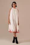 Buy_Indigo Dreams_Ivory Cotton Embroidery Halter Neck Handwoven Jamdani Gathered Dress _at_Aza_Fashions