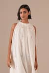 Buy_Indigo Dreams_Ivory Cotton Embroidery Halter Neck Handwoven Jamdani Gathered Dress _Online_at_Aza_Fashions